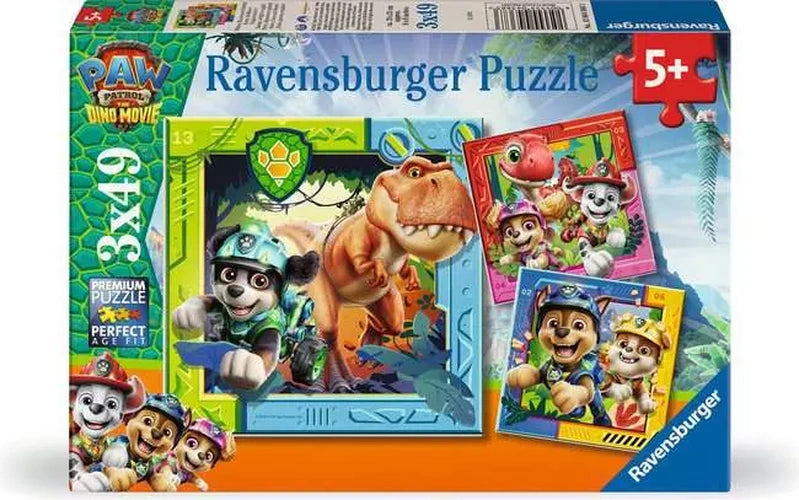 Ravensburger Paw Patrol Dino Movie retail packaging with the three included 49 piece jigsaws