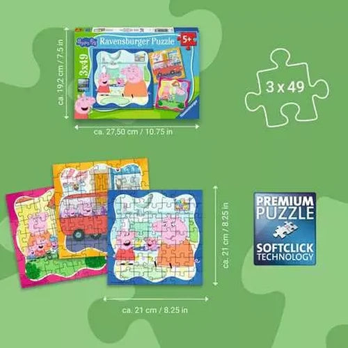 Ravensburger Peppa Pig 3 x 49 piece jigsaw size guide showing the box and completed puzzle dimensions