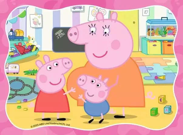 Peppa Pig, Mummy Pig and George smiling together in a colourful playroom from Ravensburger puzzle set