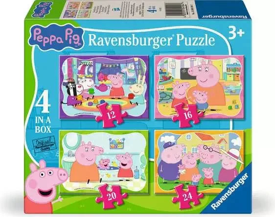 Ravensburger Peppa Pig 4 in a Box jigsaw puzzle set showing four bright Peppa Pig family scenes on the box