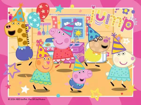 Ravensburger Peppa Pig jigsaw puzzle scene showing Peppa and friends at a party indoors with balloons and bunting
