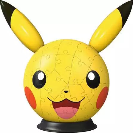 Ravensburger Pokémon Pikachu with Ears 3D Puzzle Ball assembled on its black display stand