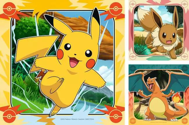 Ravensburger Pokémon 3 x 49 piece jigsaw puzzles collage showing Pikachu, Eevee and Charizard puzzle scenes