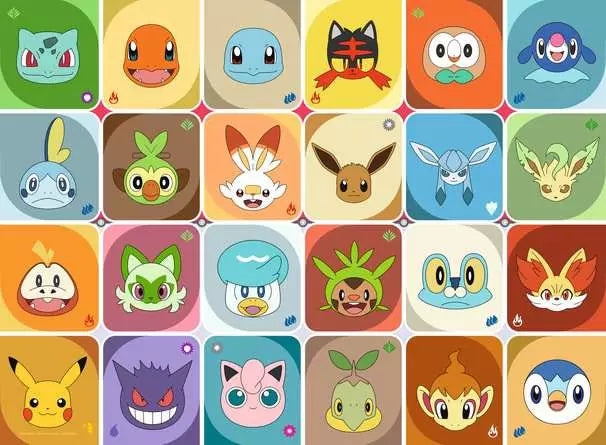 Pokémon character collage artwork with Pikachu, Eevee, Bulbasaur, Charmander, Squirtle, Gengar and Jigglypuff
