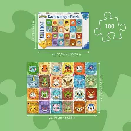 Size guide showing the Ravensburger Pokémon Faces puzzle box and completed puzzle dimensions