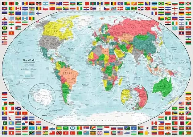 Ravensburger Portrait of the Earth 2 puzzle artwork showing a detailed world map surrounded by national flags