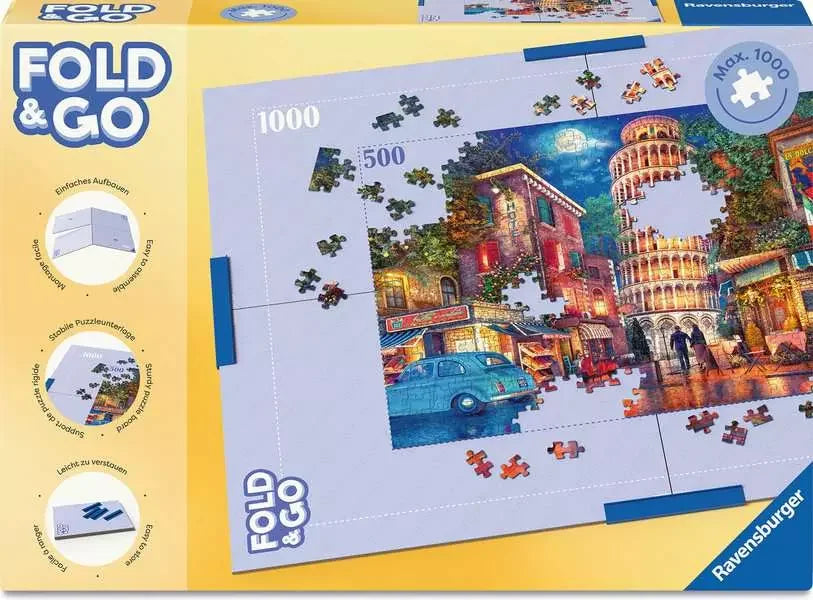 Ravensburger Puzzle Handy Fold & Go storage board packaging showing foldable jigsaw board with 500 and 1000 piece layout guide