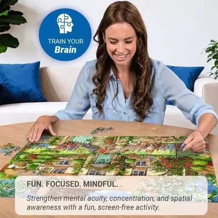 Woman assembling the Ravensburger Rose Cottage 1000 Piece Jigsaw Puzzle on a table
