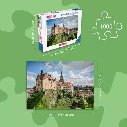 Ravensburger Sigmaringen Castle 1000 piece jigsaw puzzle size guide showing the box and completed puzzle dimensions