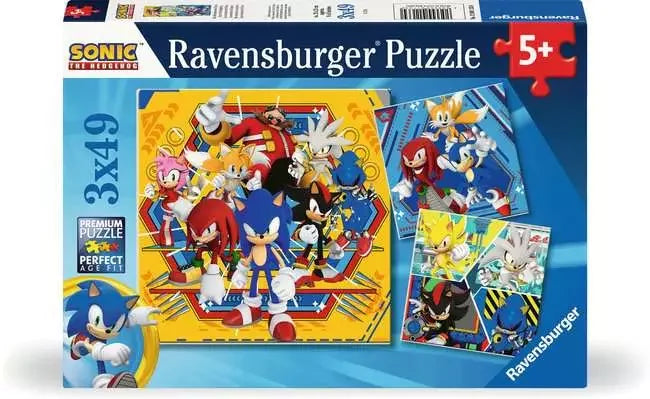 Ravensburger Sonic The Hedgehog 3x49 piece puzzle box featuring Sonic, Tails, Knuckles and friends in colourful action scenes
