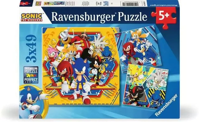 Ravensburger Sonic The Hedgehog 3x49 piece puzzle box featuring Sonic, Tails, Knuckles and friends in colourful action scenes