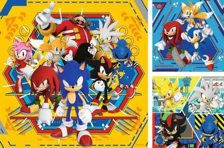 Completed Ravensburger Sonic The Hedgehog 3x49 piece puzzles showing Sonic, Tails, Knuckles, Shadow and Dr. Eggman in bright designs