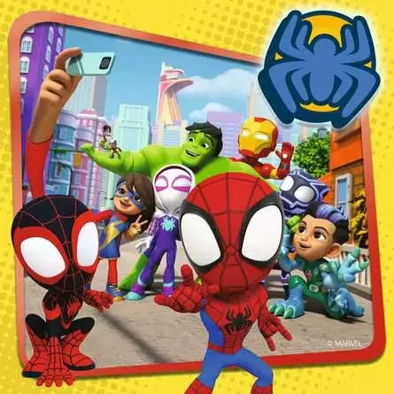 Marvel heroes group scene with Spidey, Ghost-Spider, Hulk, Iron Man and Ms Marvel posing for a fun selfie puzzle image
