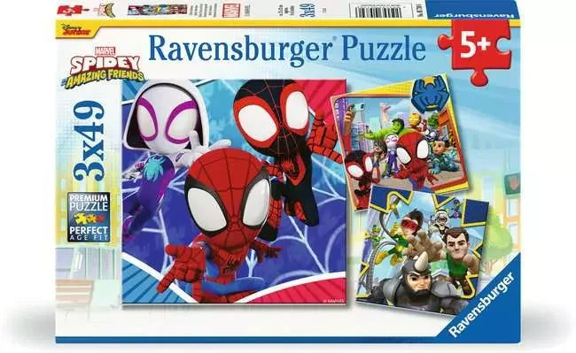 Ravensburger Spidey’s Adventures 3x49 piece puzzle box featuring Spider-Man, Ghost-Spider and Miles Morales characters