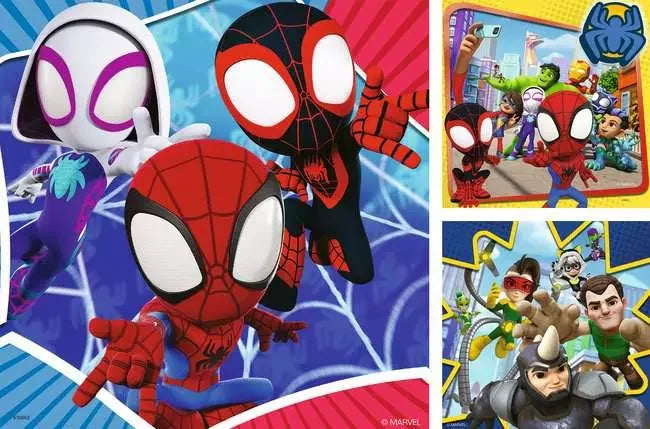 Collage showing three Ravensburger Spidey’s Adventures puzzles with heroes and villains in colourful comic scenes