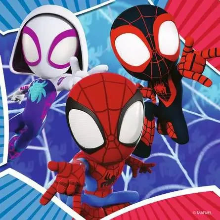 Spider-Man, Ghost-Spider and Miles Morales swinging through blue and red backgrounds from the Ravensburger puzzle set