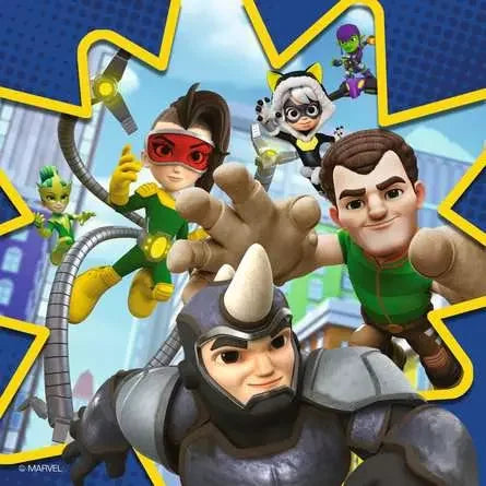 Marvel villains puzzle scene featuring Rhino, Doc Ock, Green Goblin, Electro and other characters from Spidey’s Adventures