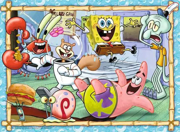 Ravensburger Spongebob Squarepants 200 Piece XXL jigsaw puzzle artwork close up showing SpongeBob, Patrick, Squidward, Sandy, Mr. Krabs and Gary