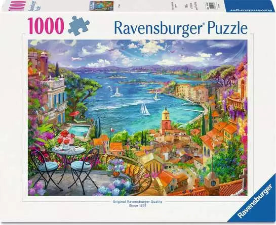 Ravensburger St.Tropez 1000 piece jigsaw puzzle box front showing a balcony view over the harbour