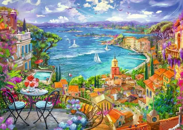 St.Tropez harbour artwork with boats, rooftops, flowers and a balcony table