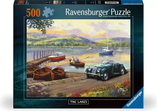 Ravensburger Stop at the Lakes 500 piece jigsaw puzzle box featuring a vintage green car, lakeside boats and mountain scenery
