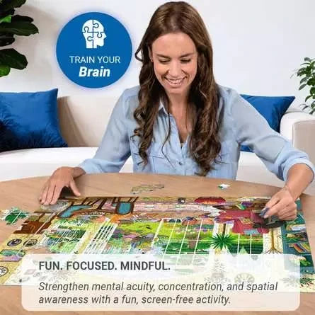 Woman assembling the Ravensburger Summer Garden Parlour 1000 Piece Jigsaw Puzzle on a table