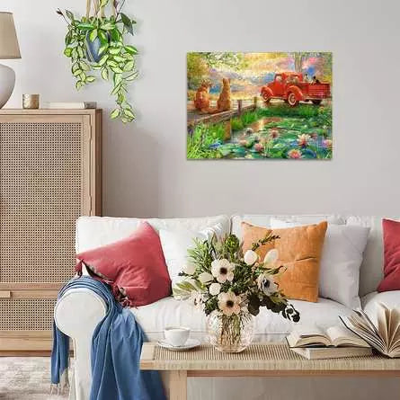 Completed Summer Love jigsaw puzzle displayed on a wall above a sofa