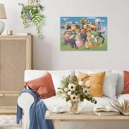 Completed colourful Ravensburger jigsaw puzzle displayed on a living room wall above a white sofa