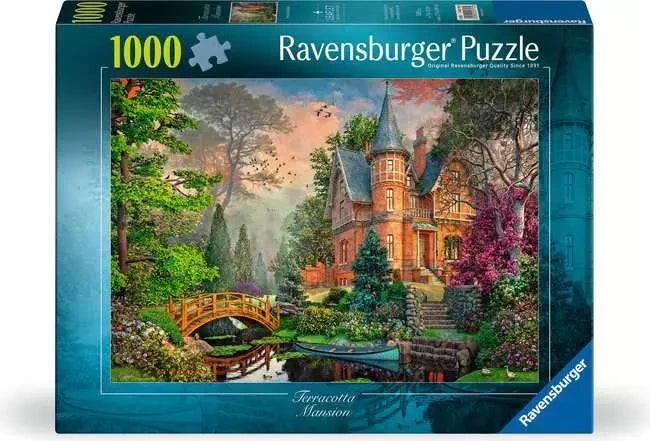 Ravensburger Terracotta Mansion 1000 Piece Jigsaw Puzzle retail box showing the mansion, garden and wooden bridge artwork