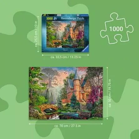 Ravensburger Terracotta Mansion 1000 Piece puzzle size guide showing a completed size of approximately 70 × 50 cm
