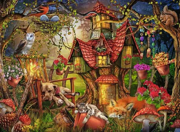 Ravensburger The Little House 200 Piece XXL jigsaw puzzle artwork close up showing the tree house, owl, dog, cat, fox and squirrel