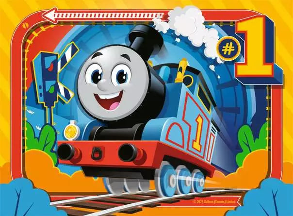Thomas smiling on the tracks in front of a blue tunnel
