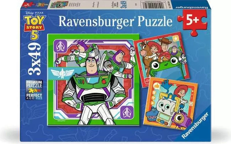 Ravensburger Toy Story 5 On a Mission retail packaging with all three 49 piece jigsaws displayed