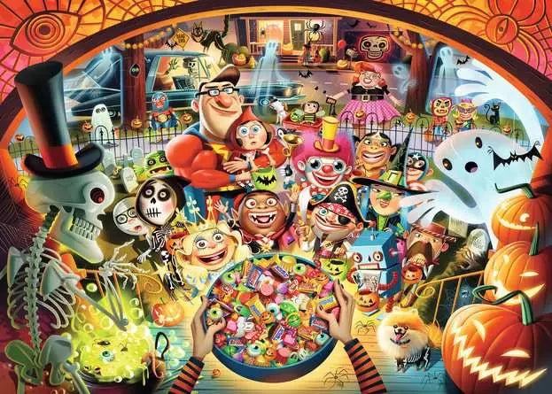 Ravensburger Trick or Treat puzzle artwork showing costumed trick or treaters, ghosts, pumpkins, skeletons and a bowl of Halloween sweets