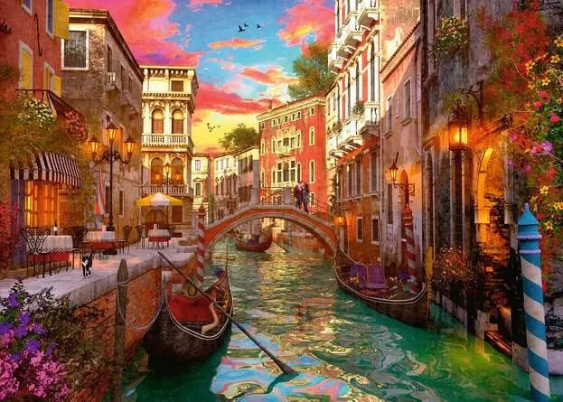 Ravensburger Venice Romance puzzle artwork showing gondolas on a Venetian canal beneath a stone bridge with colourful buildings and a sunset sky