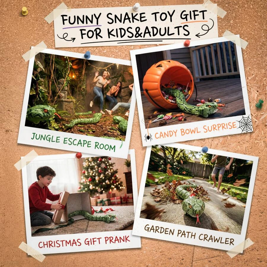 Promotional collage showing the green remote control snake in four settings: a jungle escape room, an overturned Halloween candy bucket, a Christmas present prank and a garden pathway.