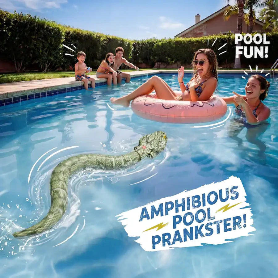 Green amphibious remote control snake swimming through a blue outdoor pool towards people in the water, including a woman sitting on a pink inflatable ring. Promotional text reads Pool Fun and Amphibious Pool Prankster.