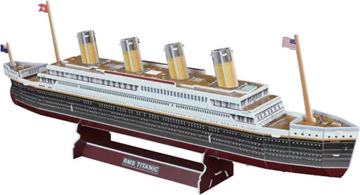 Completed RMS Titanic 3D puzzle model displayed on stand in Ireland