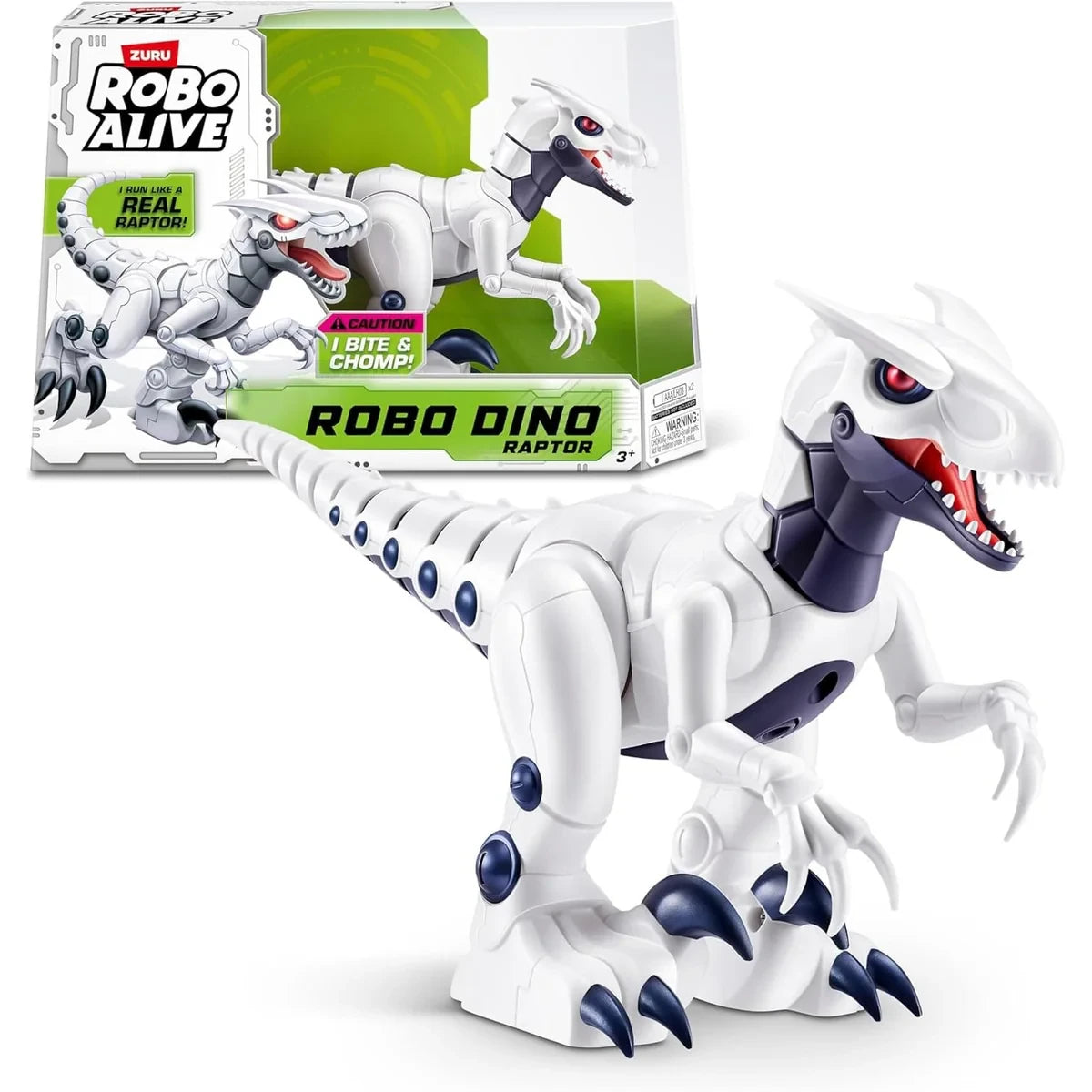White Robo Alive Robo Dino Raptor figure with navy blue claws and joints posed in front of retail packaging box on white background