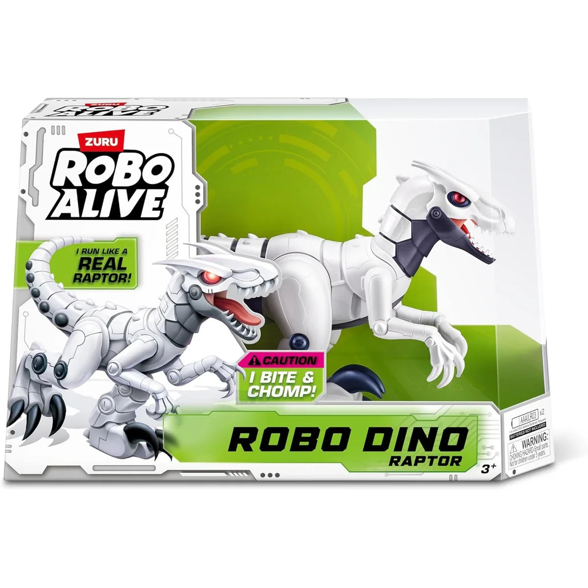 Robo Alive Robo Dino Raptor retail box packaging showing white robotic raptor illustration with green background and product branding