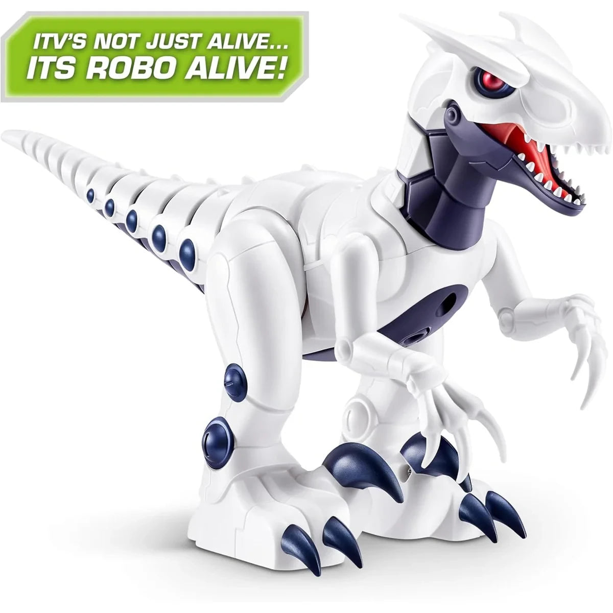 White Robo Alive Robo Dino Raptor toy with open mouth and green banner reading “IT’S NOT JUST ALIVE… IT’S ROBO ALIVE!” on white background