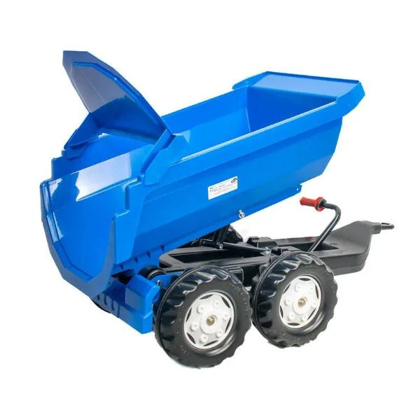 Blue Rolly Halfpipe trailer displayed with raised tipping body and open rear gate on a white background