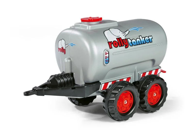 Rolly grey water tanker trailer for pedal tractors with elephant decal, red wheels, black tow hitch and top screw cap on white background
