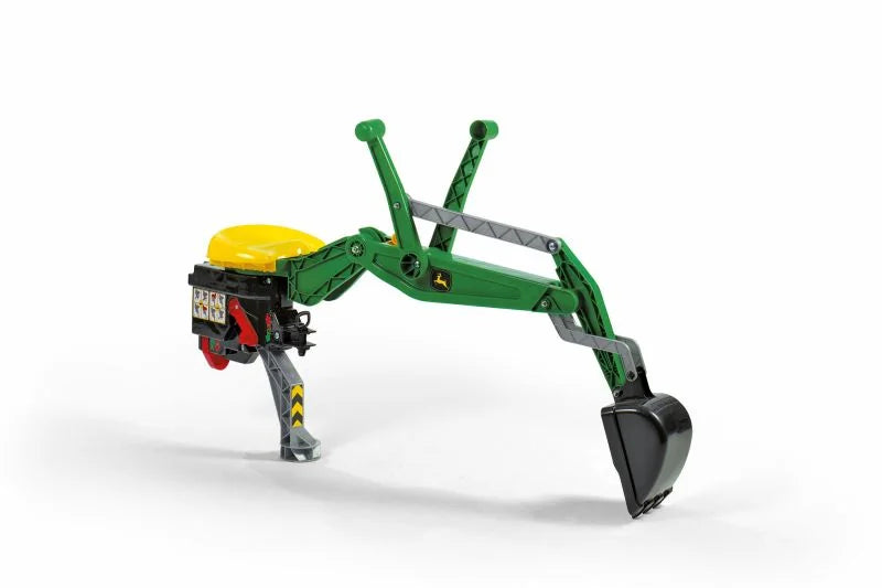 Close view of the Rolly John Deere backhoe digger attachment showing the bucket arm and rear support foot