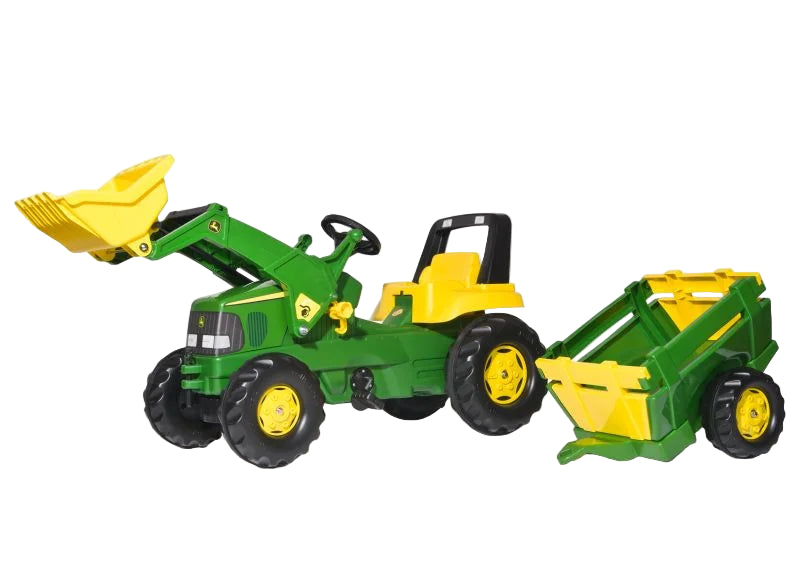 Green Rolly Junior John Deere pedal tractor with yellow front loader and matching farm trailer displayed on a clean white background
