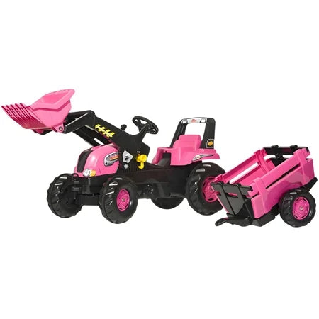 Rolly Junior pink pedal tractor with front loader and matching trailer side-left angle – Ireland
