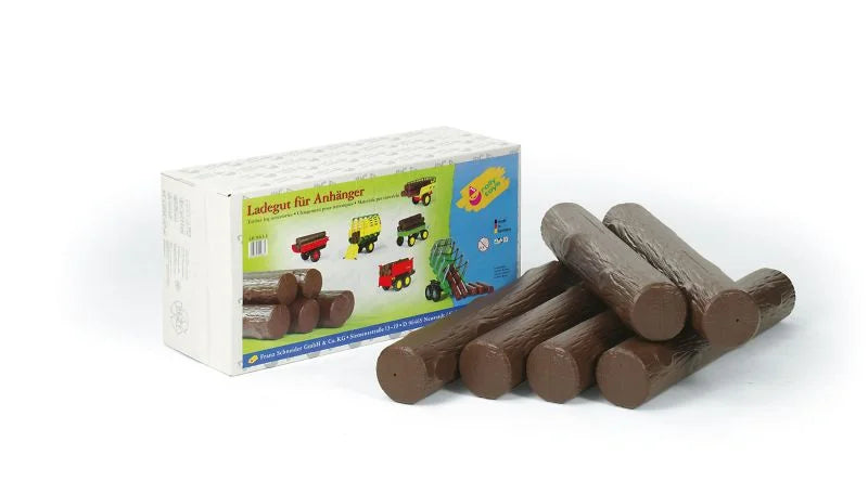 Close view of the Rolly Log Set plastic logs arranged in front of the product box on a white background