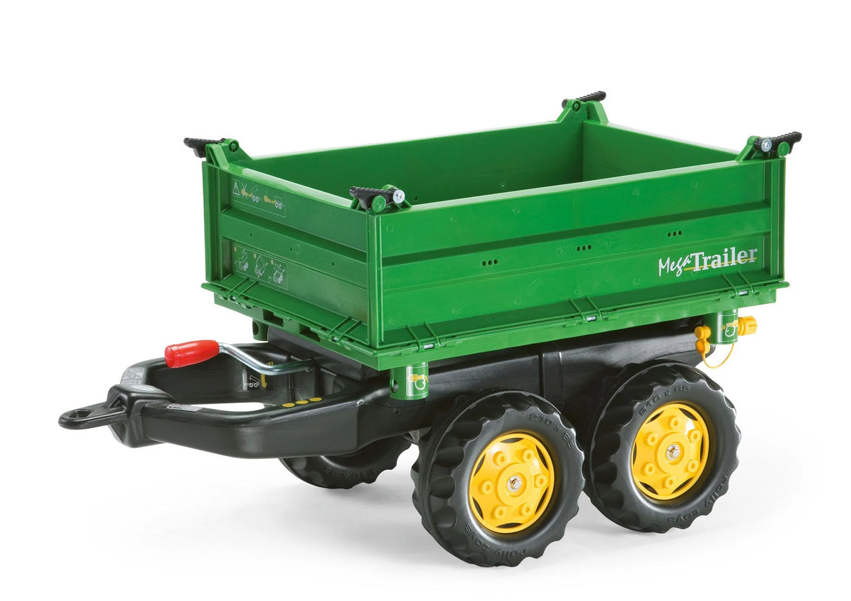 Rolly Mega Trailer in green with yellow wheels shown from side – Ireland