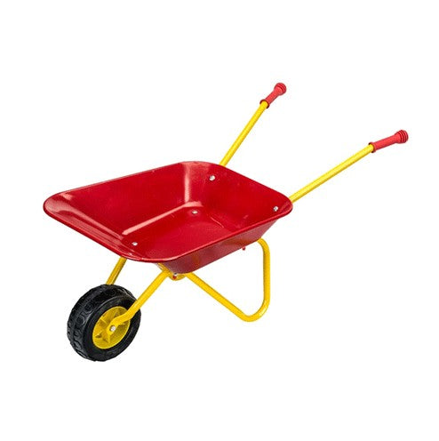 Red Rolly Metal Wheelbarrow with yellow frame and rubber grips, Ireland