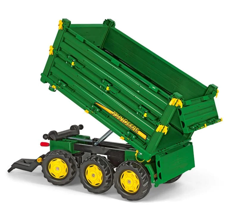 Rolly Multi Trailer John Deere shown tipping its green three sided bed using the threaded crank mechanism.